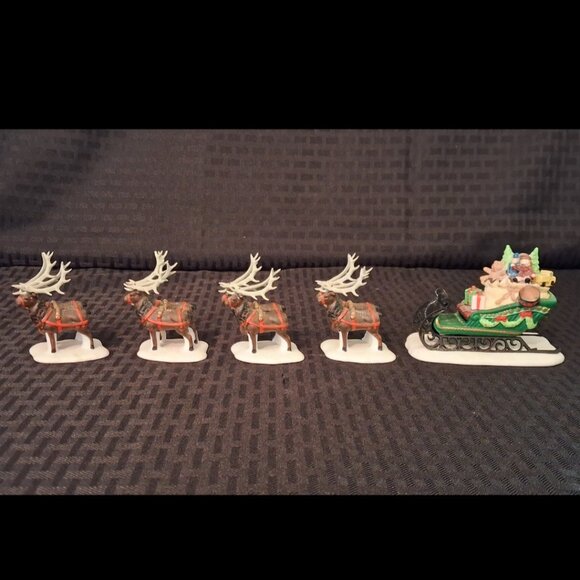 Vtg Dept 56 Heritage Village Sleigh & Eight Tiny Reindeer #5611-1 Santa Retired - Picture 1 of 15
